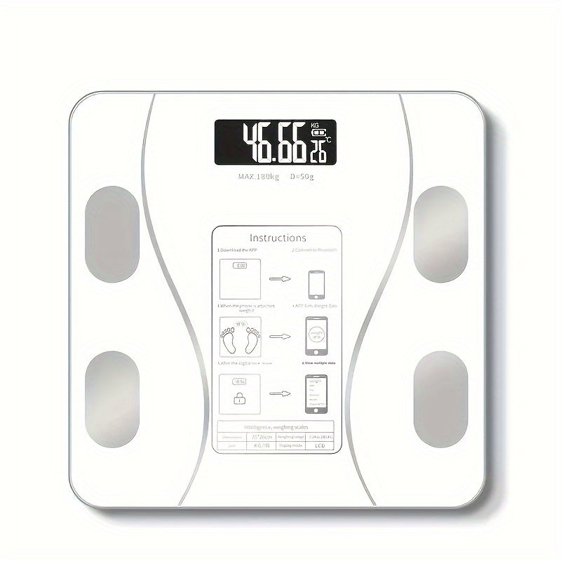 Smart weight scale with wireless connectivity and battery power, suitable for home and office use. Includes AAA non-rechargeable battery, perfect as a holiday gift.