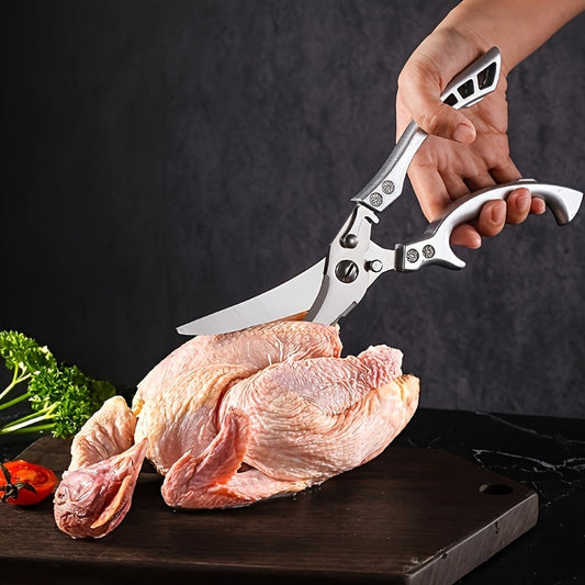 One piece of heavy-duty stainless steel kitchen scissors with automatic spring back for easily cutting through chicken bones. Features a durable aluminum handle for added strength. Perfect for various kitchen tasks and comes with kitchen utensils