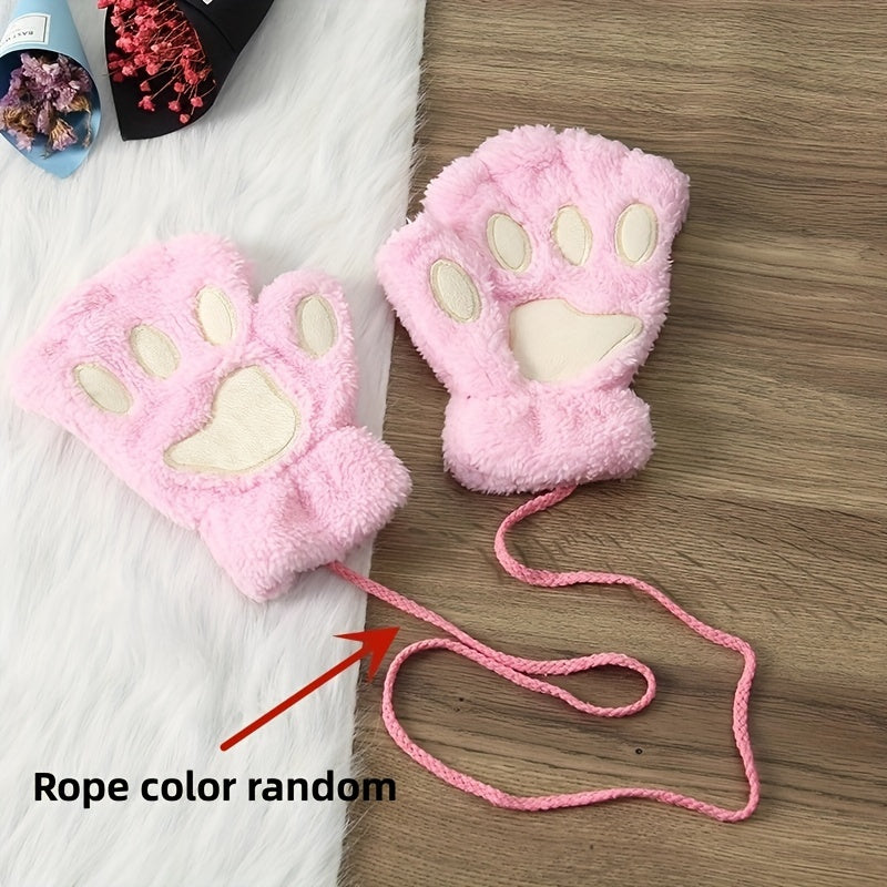 Soft and thickened half-finger winter gloves featuring cute cartoon cat paw design, ideal for keeping your hands warm and cozy. These touchscreen gloves are perfect for adding a touch of fun to your winter wardrobe.