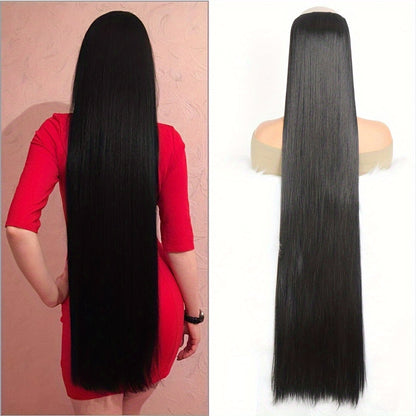 Synthetic Super Long 5 Clip In Hair Extension in Black/Brown/Blonde, extra-long straight hair, one-piece fake hairpiece for women. Available in lengths from 50cm to 100cm, ideal for daily