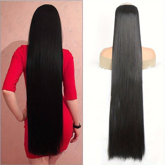 Synthetic Super Long 5 Clip In Hair Extension in Black/Brown/Blonde, extra-long straight hair, one-piece fake hairpiece for women. Available in lengths from 50cm to 100cm, ideal for daily