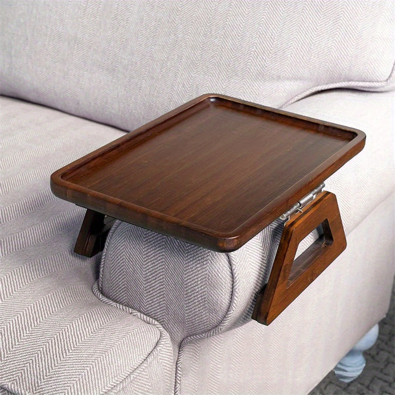 Contemporary Clip-On Arm Tray Table for Wide Couches - Made of Durable Hardwood with Natural Finish - Portable Side Table with Easy Access Clamp - Perfect for Snacks and Devices - Versatile Design to Fit Over Sofa Armrests.