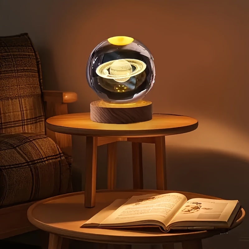 3D Crystal Ball with Solar System & Moon Engraving - USB Powered, Space Decor for Home and Office