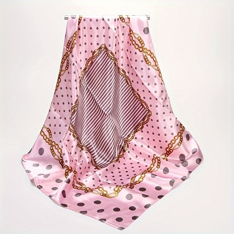 Lightweight silk faux scarf with fashion satin polka dot print, measures 88.9cm square.