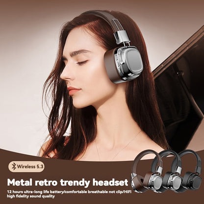 New retro style wireless headphones with noise cancelling earmuffs, long-lasting battery life, and high-tech design for outdoor activities. Also supports wired connection.