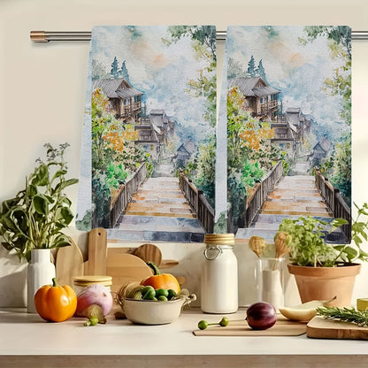 Set of 2 Ultra Soft Kitchen Towels featuring Pallet Town Scenic Design, Exceptionally Absorbent & Easy to Clean Dish Hand Towels, Size 40.64x60.96 cm - Perfect for Holiday Decoration & Daily Use in the Kitchen, Dish Towels