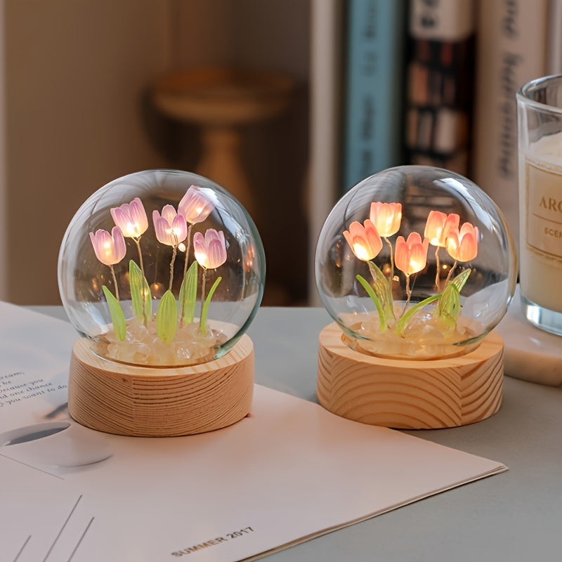 Modern handmade glass tulip night light with switch control. Perfect gift for Mother's Day or birthday. Battery-powered (battery not included).