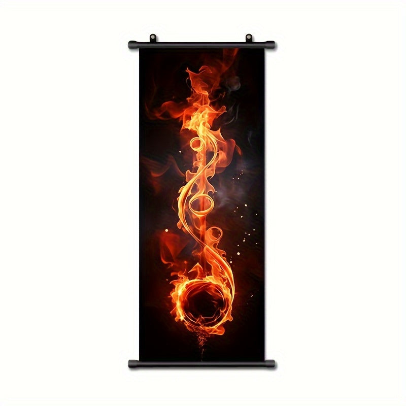 Single piece music-themed hanging scroll featuring a flame guitar, ideal for wall decor in bathrooms, bedrooms, and living rooms. Dimensions: 40.64cm x 99.06cm. Aesthetic addition to any room.