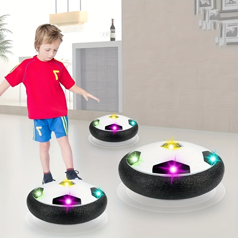 Air cushion football with LED lights, ideal for indoor and outdoor play. Perfect gift for children, great for parties and interactions between boys and girls. Battery-free.