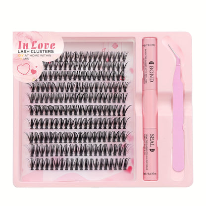 Love In Pink: Large Capacity 10 Row 200 Cluster Eyelash Set with Lash Extender, Tweezers, and Bonding Seal for Double the Makeup Game, featuring Single Clusters with C-Curl, Natural Lash