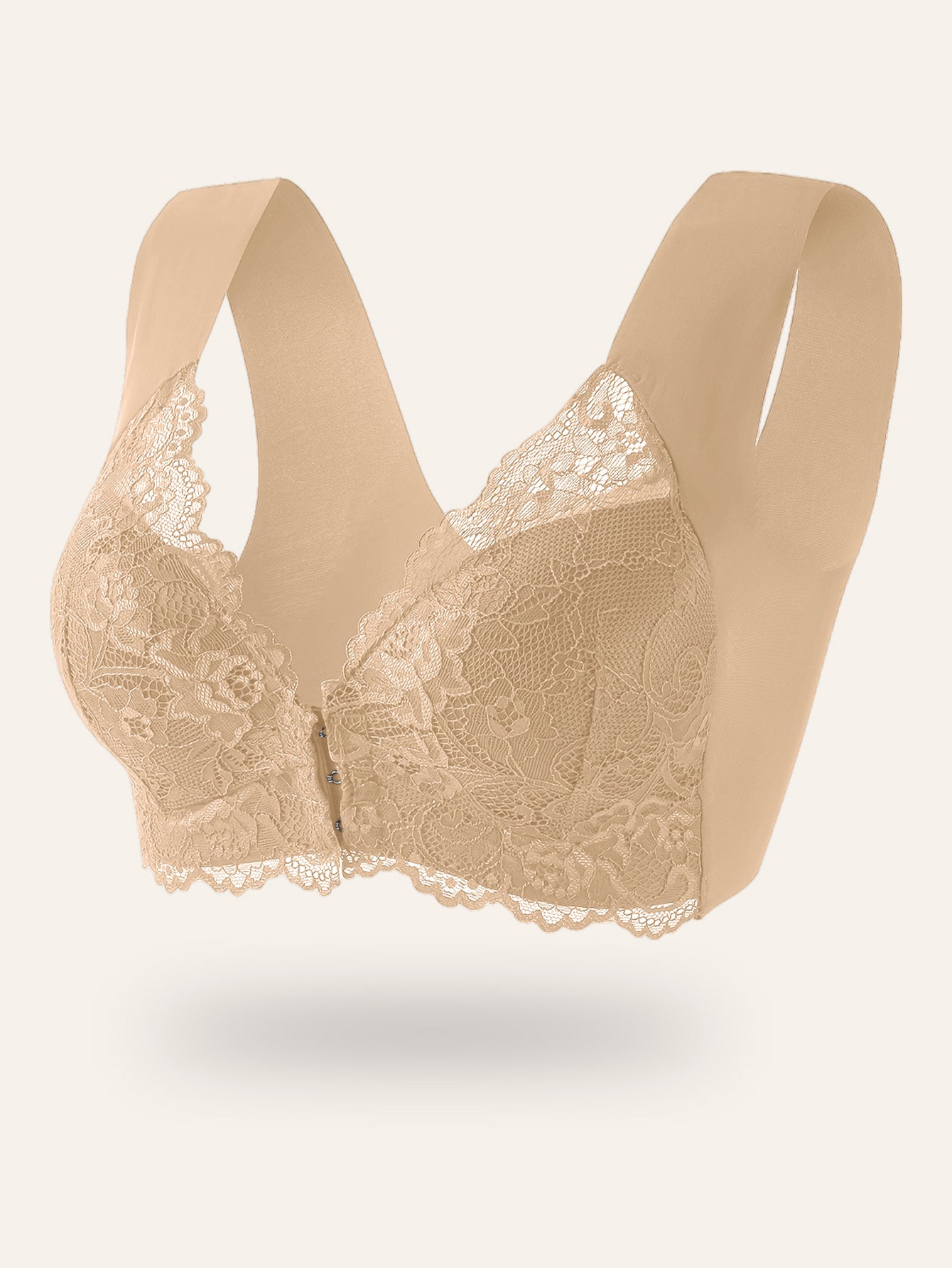 Sexy lace bra with deep V open-back, front closure for comfort and daily wear.