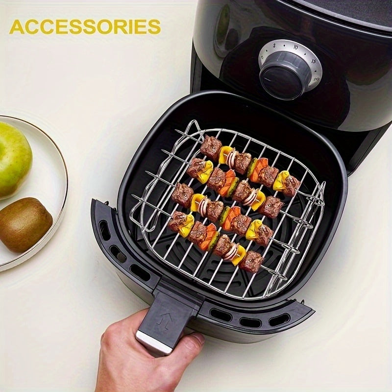 Set of stainless steel air fryer racks, featuring a round dual layer skewer holder. Compatible with most air fryers, these versatile roasting and grilling racks come with skewers for cooking and are safe for use in the dishwasher.