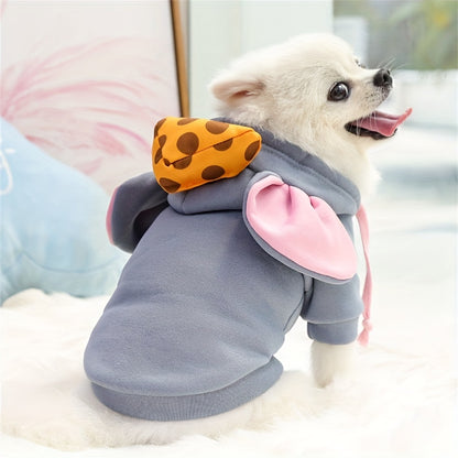 Warm winter pet hoodie with mouse theme, hand-washable polyester, ideal for small to medium breeds.