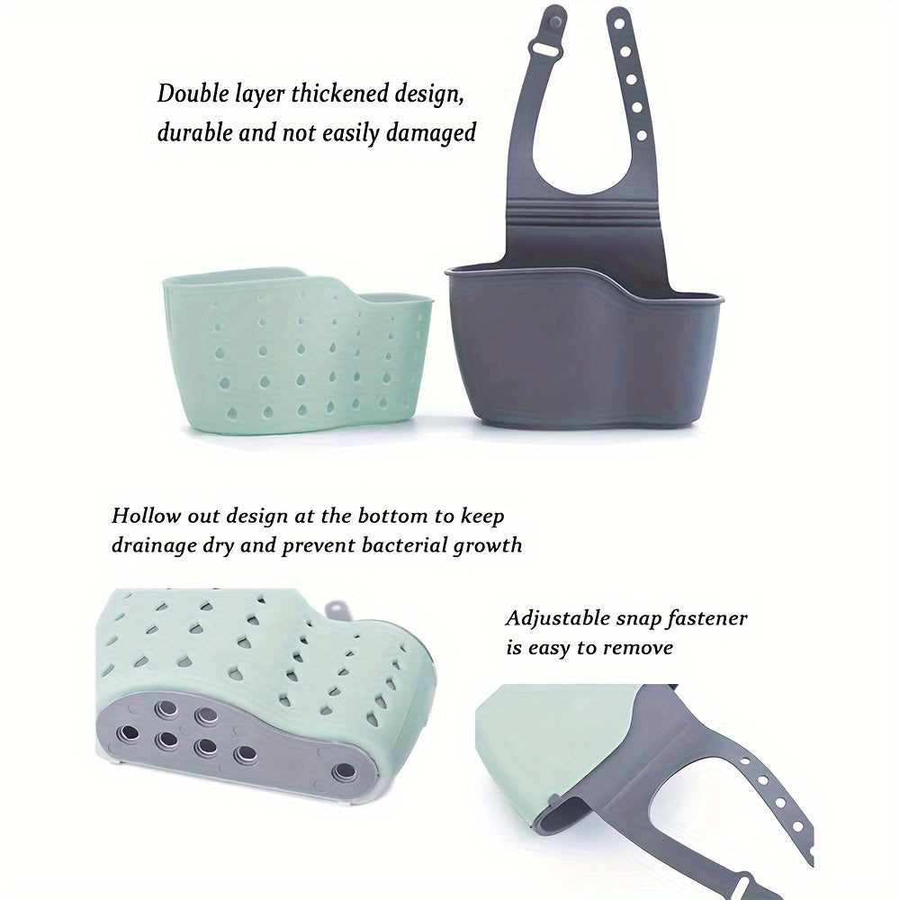 Storage bag that snaps on and adjusts to fit faucets, bathroom organizer rack, and sink caddy designed for kitchen use.