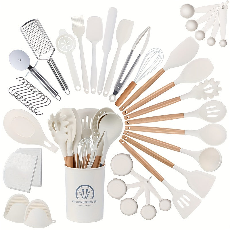 Complete your kitchen collection with the 43-piece Ultimate Kitchen Utensil Set. This set includes a variety of silicone and stainless steel cooking tools with stylish wooden handles, perfect for baking, grilling, and more. The set features spatulas