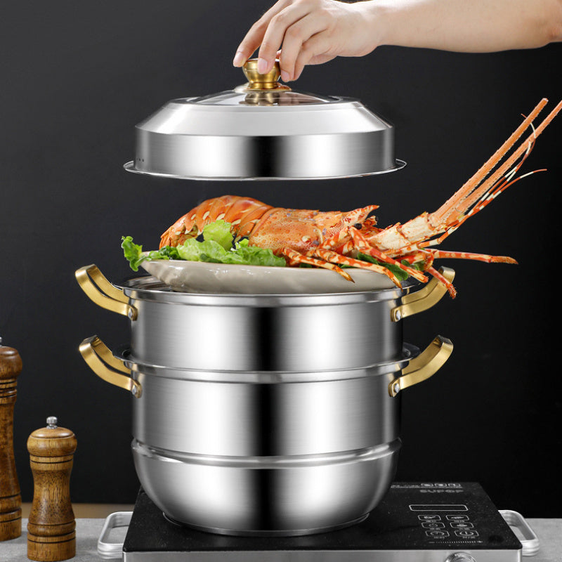 Stainless Steel Double-Layer Steamer Pot with Multi-Tiered Dumpling Steamer Insert, 27.94cm Size for Stovetop Use, Easy to Clean and Versatile Cookware