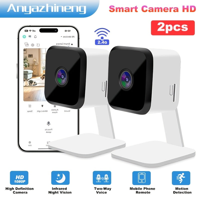 Get a 2-Pack of ANYAZHINENG 1080p HD Indoor Pan/Tilt Smart Security Cameras with 2.4GHz Wi-Fi, Night Vision, Motion Detection, Two-Way Audio, Continuous Recording, Self-Adhesive Mount, Smartphone Compatibility, USB Power, and Android Control.