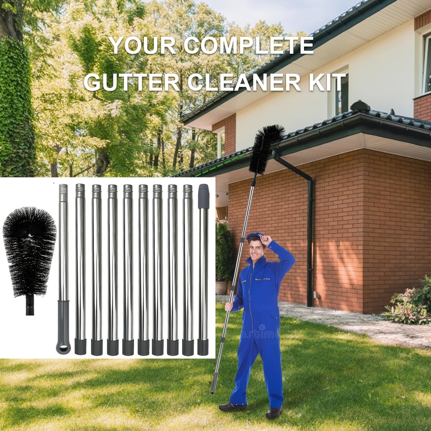 1 piece of a gutter cleaning tool measuring 4.57 meters in length. This long reach gutter brush roof tool is designed to easily remove leaves and debris from the roof. It is a must-have cleaning supply.