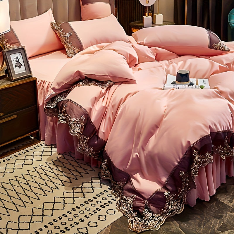 Lace bedding set in various colors with quilt cover and matching pillowcase. Available in two or three piece set.