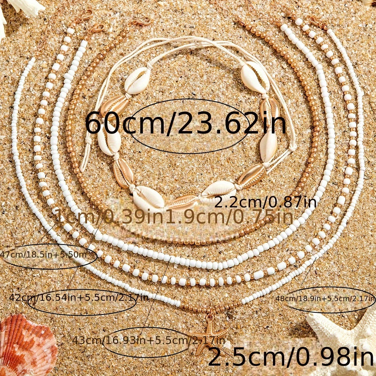 Fashion beach casual vacation starfish necklace set consisting of 5 pieces. Bohemian style with rice bead and alloy round bead design. Perfect party gift for women. Rice bead size and