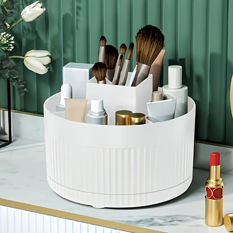 Rotating makeup organizer made of glossy ABS plastic, ideal for storing cosmetics on countertops in bedroom, vanity, or bathroom.