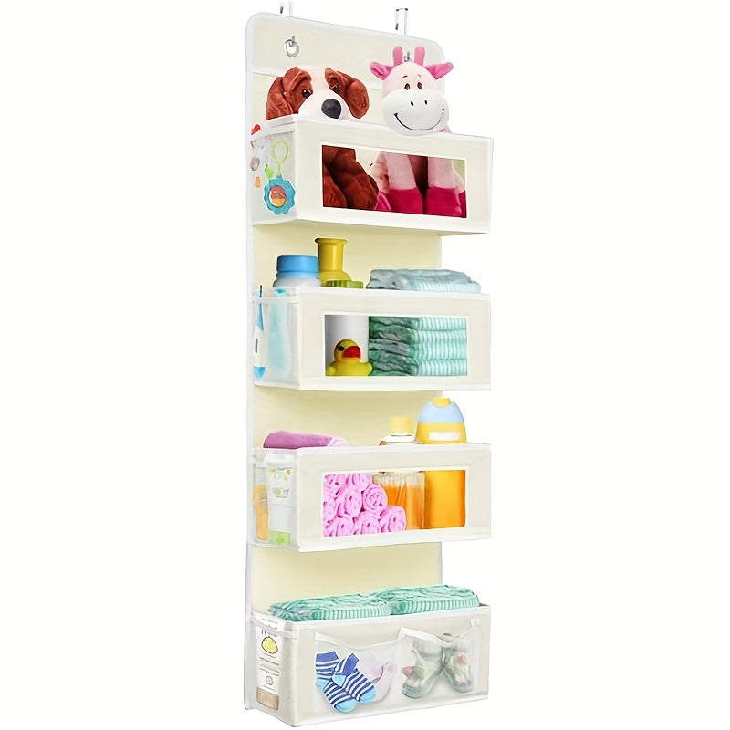 The Hanging Fabric Storage Organizer features an Over Door Pocket design with 4 Roomy Pockets, 10 Mesh Pockets, and 2 Mounting Hooks, perfect for organizing your pantry, closet, baby room, bathroom, bedroom, nursery, or dorm room.