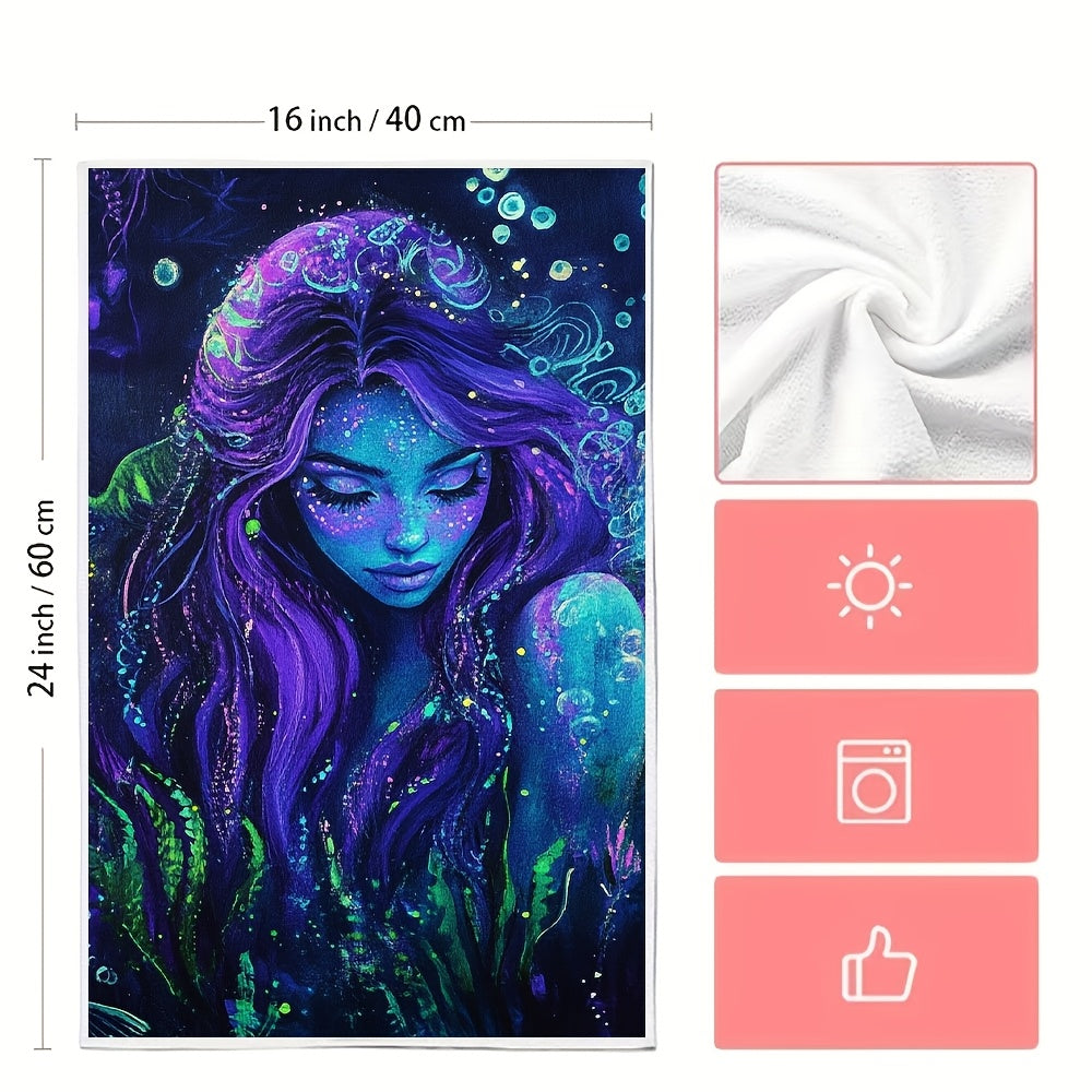 Set of 2 Ultra Soft Kitchen Towels featuring an Enchanting Siren Neon Blacklight Design. These towels are Highly Absorbent, Machine Washable, and measure 40.64x60.96 cm. Perfect for Coastal Decor and Holiday Celebrations. Great for use as Dish Hand