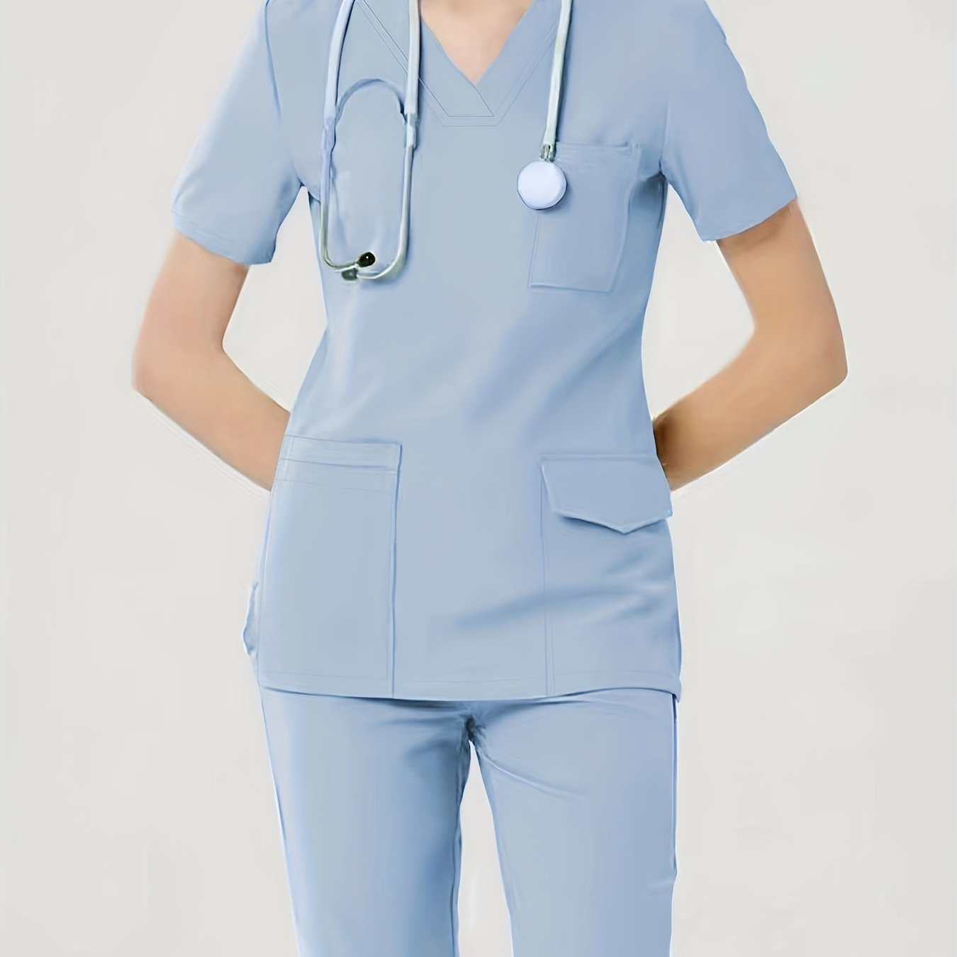 Women's Health Care Uniform Set: Cozy V-neck Top with Pockets and Solid Pants