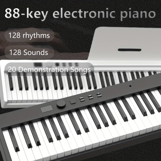 88-Key Electronic Piano in black with 128 rhythms, 128 sounds, and 20 demonstration songs. Portable and suitable for beginners, it fits standard piano size and features LED display. Can be