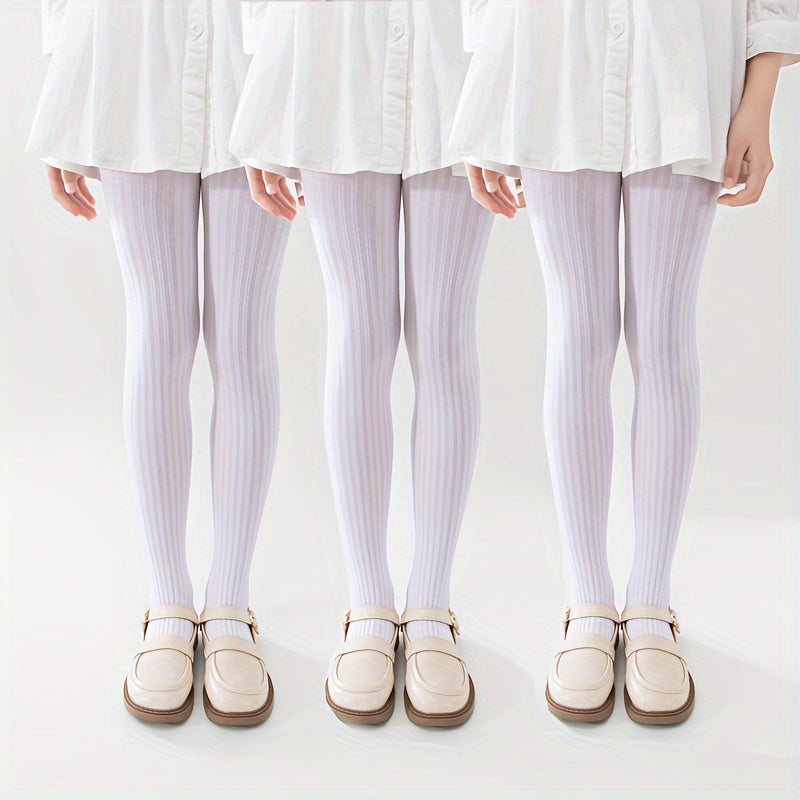 3 pairs of girl's solid color stripe textured pantyhose, comfy, slim, and versatile for all seasons, a creative gift.