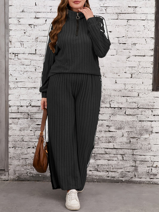 Color block pants set with long sleeve top and pants for fall, plus size women's clothing.