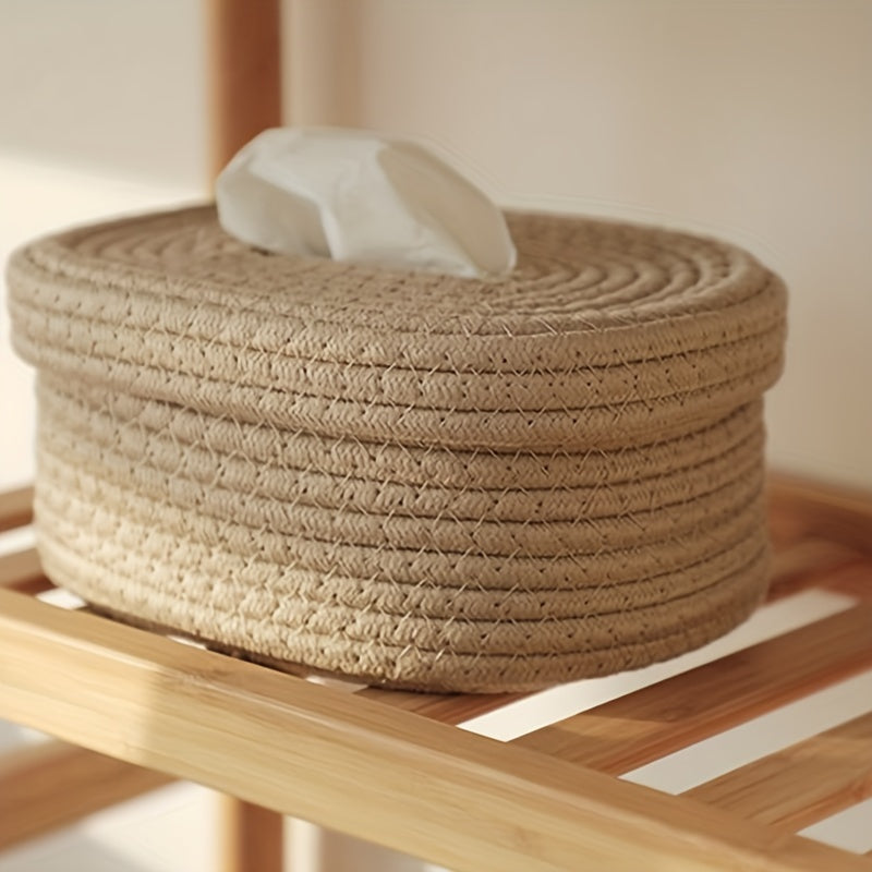 Rustic beige rope-woven tissue box with decorative bow. Ideal for home, car, or commercial use.