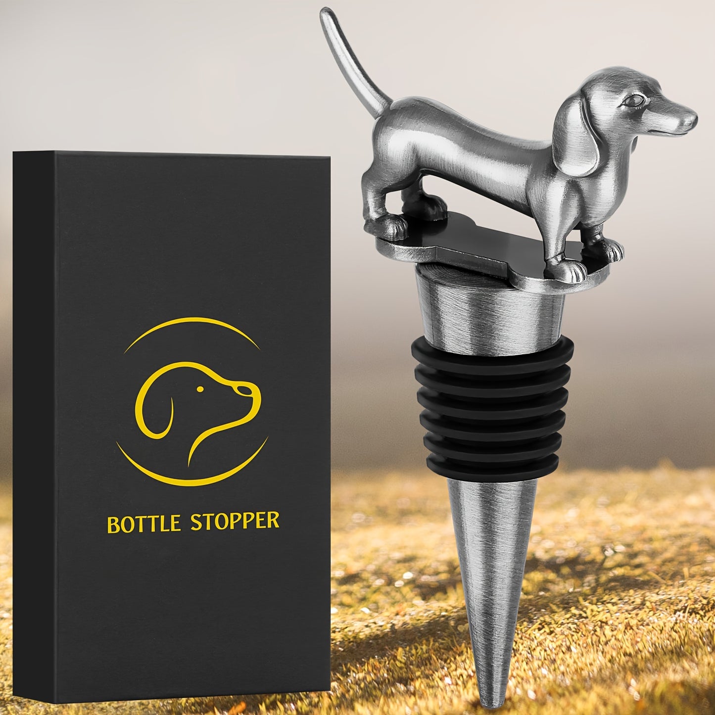 Zinc Dachshund-shaped wine and champagne bottle stopper for bar preservation.