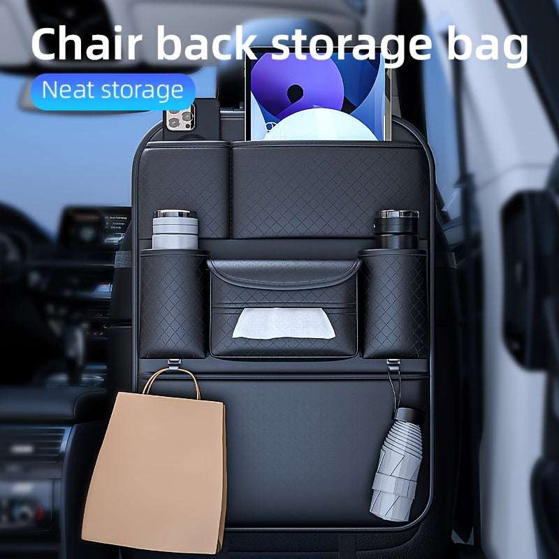 Ling Grid Backrest Storage Bag: Large Capacity PU Leather Car Seat Organizer