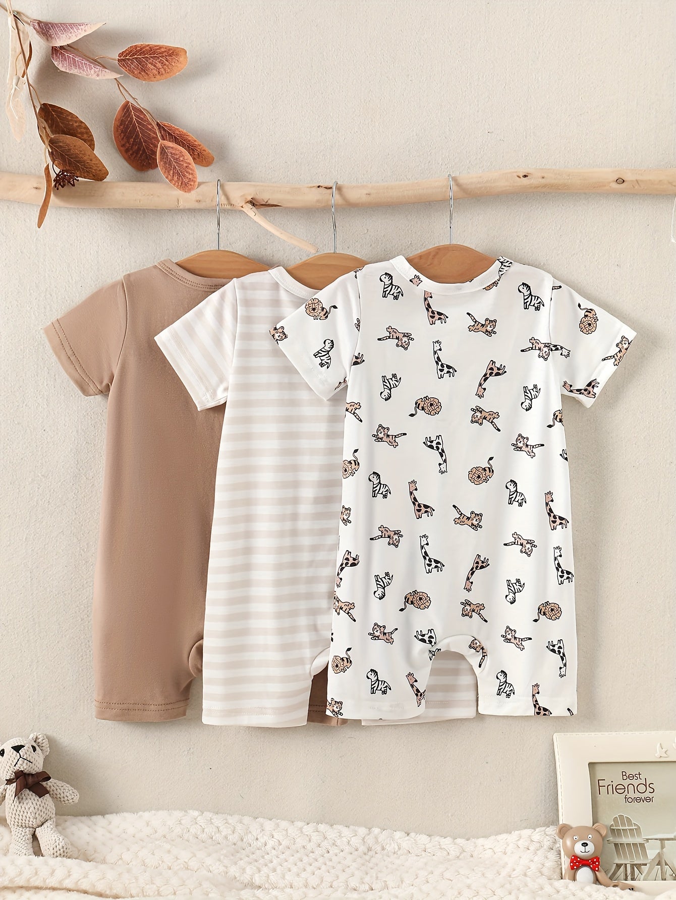 Boys' casual summer jumpsuit set with cute animal prints, stripes, and solid colors.