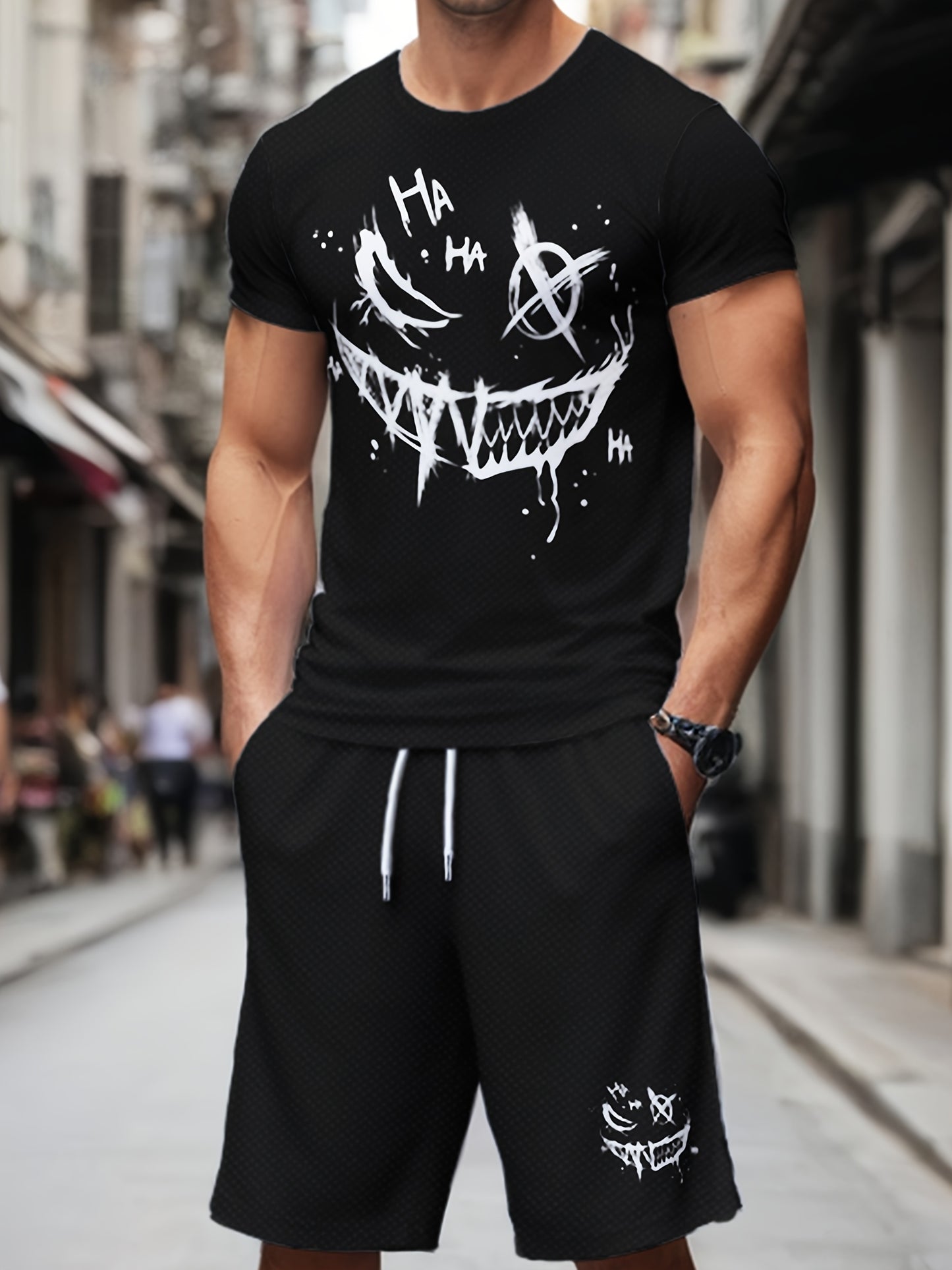 Men's casual short sleeve t-shirt and shorts set with all-over print. Made of polyester with slight stretch, this crew neck pullover is perfect for summer outdoor activities.