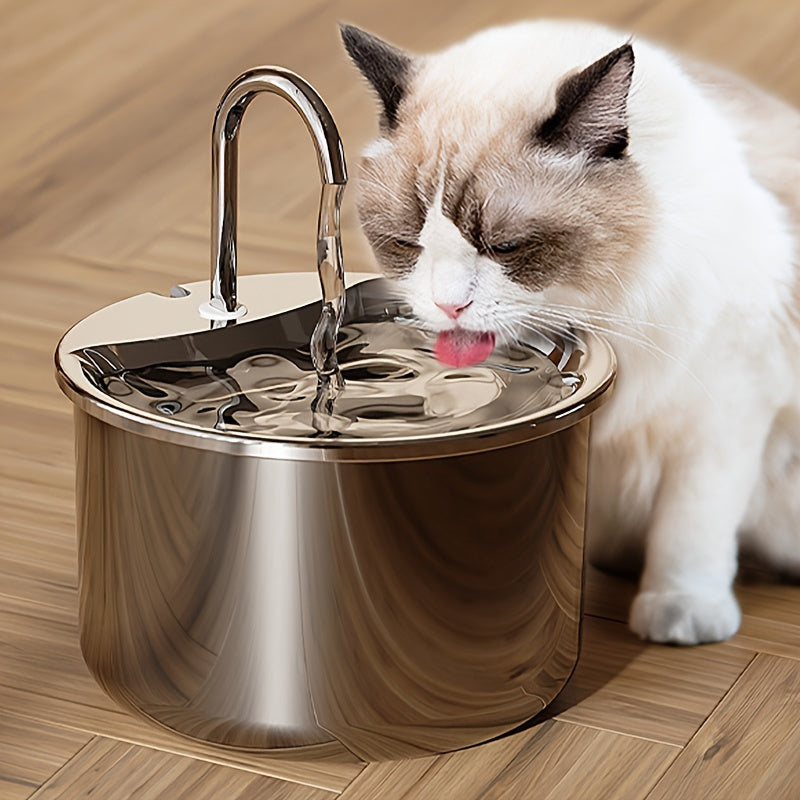 Stainless steel pet water fountain with USB power, quiet automatic dispenser for cats and dogs, splash-proof basin for increased water intake, no batteries needed.