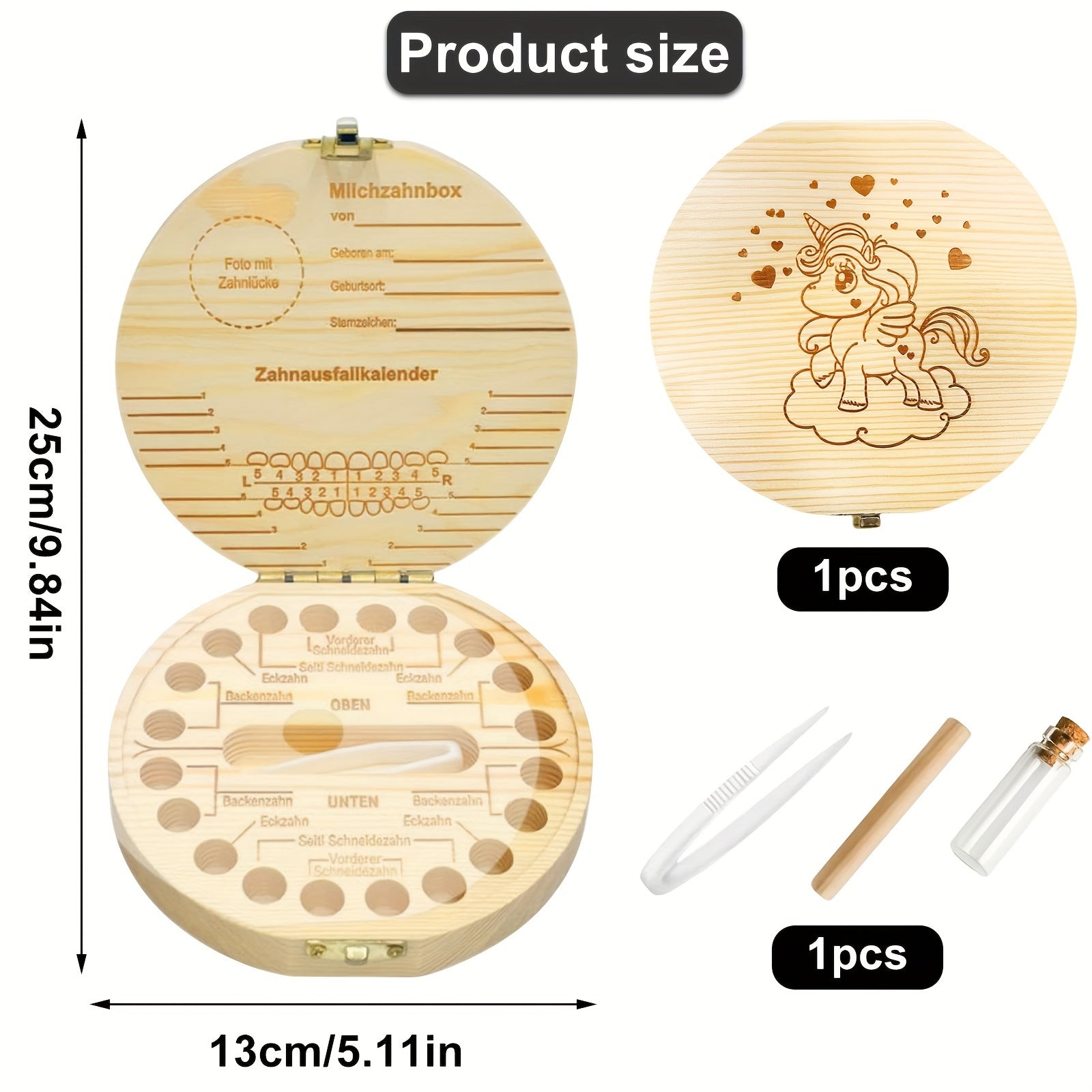Уникальная круглая деревянная коробка с единорогом для хранения потерянных зубов и пуповины. Включает пинцет и отделение для хранения. Идеально подходит для сохранения детских воспоминаний. Отличный подарок с единорогом для девочек.