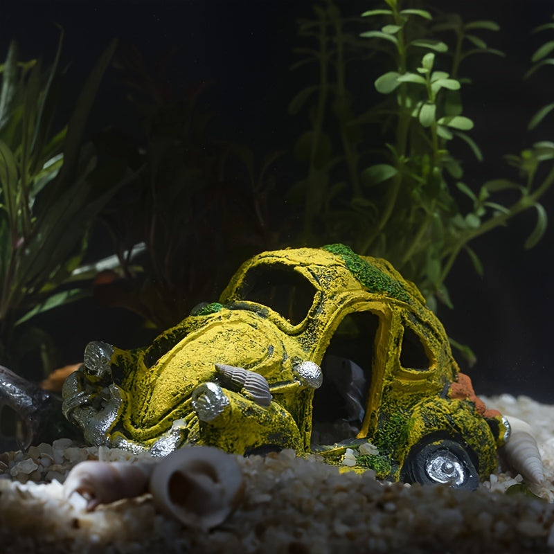 Aquarium decoration of old car bus hideaway ornament crafted from resin.