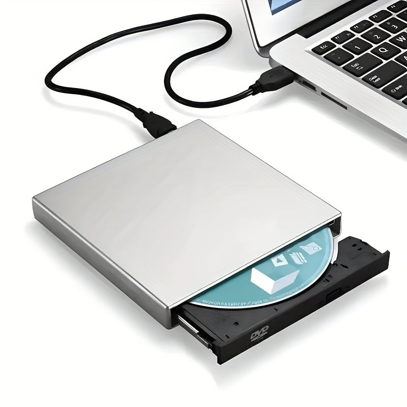 Plug & play USB external CD/DVD drive for laptops, slim and shockproof with quiet operation. DVD-RW/CD-RW reader/writer, compatible with Windows/Mac OS. No battery required for PC.