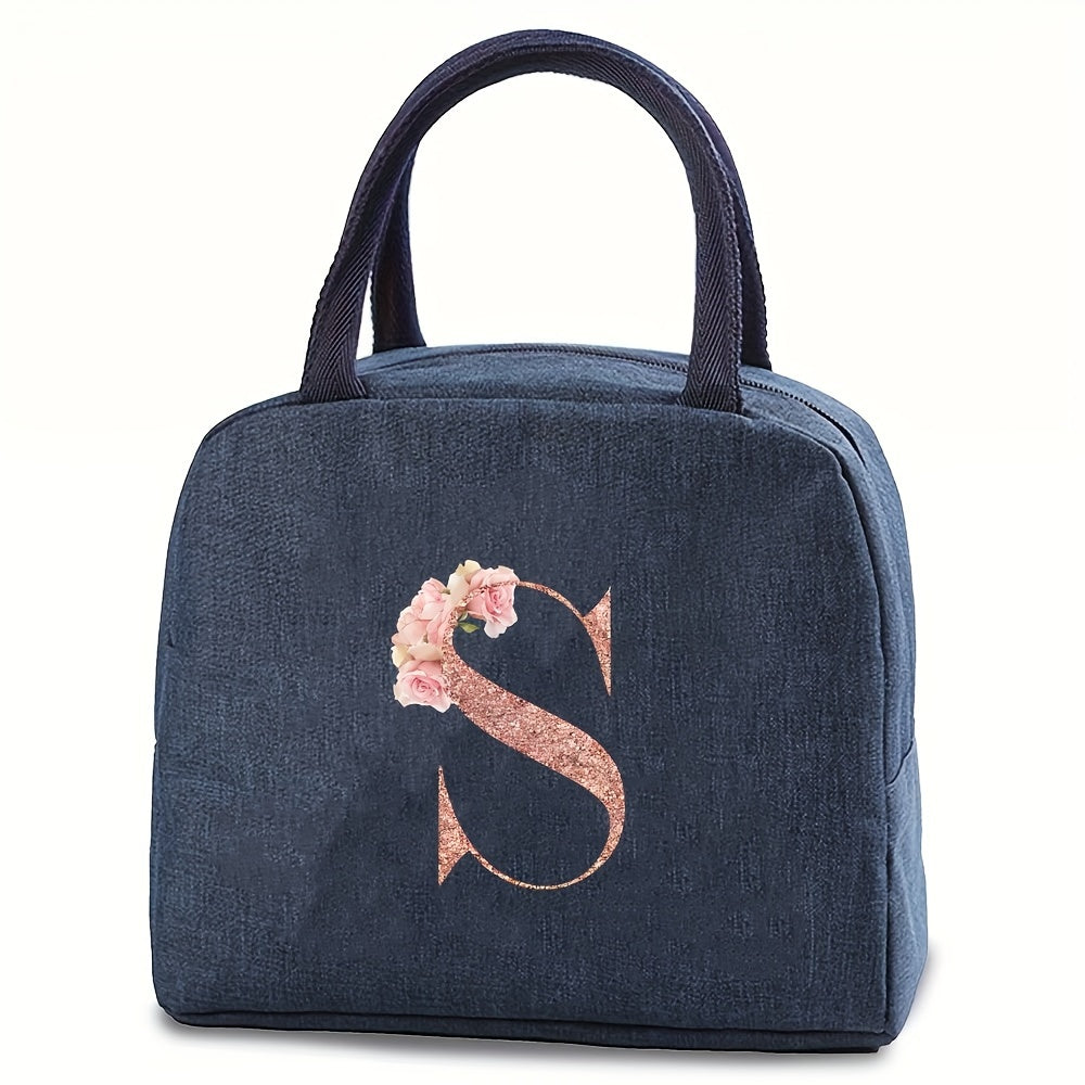 Insulated lunch bag with monogram, featuring a rose gold design. Made of waterproof, leakproof, BPA-free polyester material. Includes a square thermal food storage compartment with an ice compartment. Easily washable by hand. Perfect for school, office