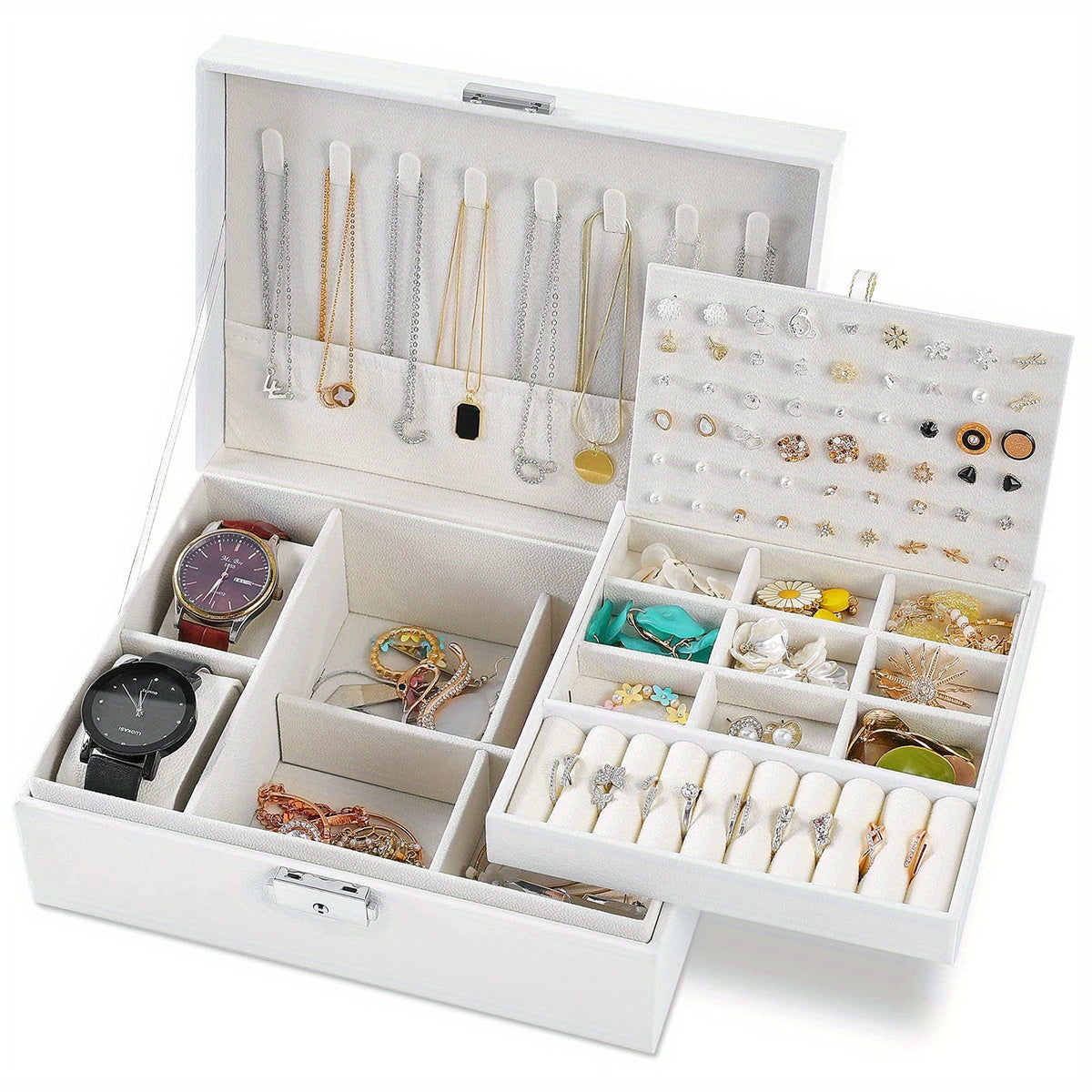 Spacious double-layer jewelry organizer box for women, ideal for storing various accessories. Great Valentine's Day gift idea.