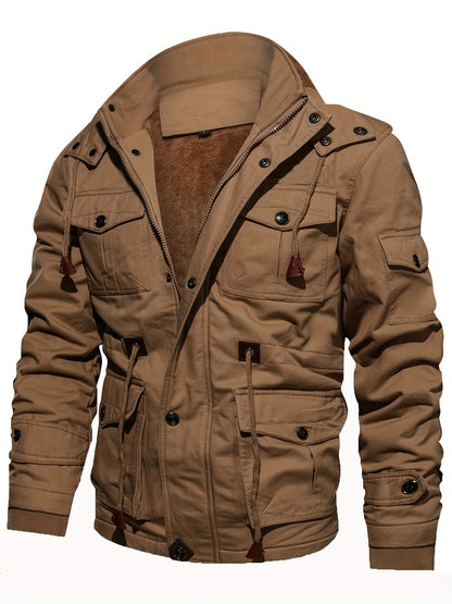 Men's Casual Zip Up Hooded Jacket Coat for Fall and Winter, made of warm fleece and featuring multiple pockets.