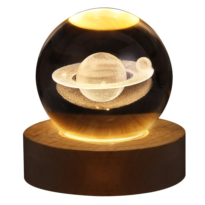 3D Crystal Ball Night Light with Yellow Warm Light and Galaxy & Planet Pattern - Ideal Birthday Gift