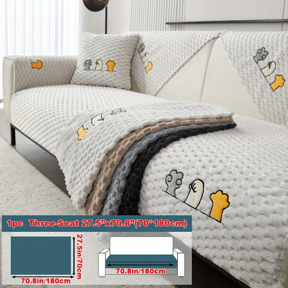 Modern honeycomb fleece sofa cover with embroidered design, pet-friendly protection for furniture, plush slipcover for various sofas. One-piece design with anti-slip backing for home and office decor.