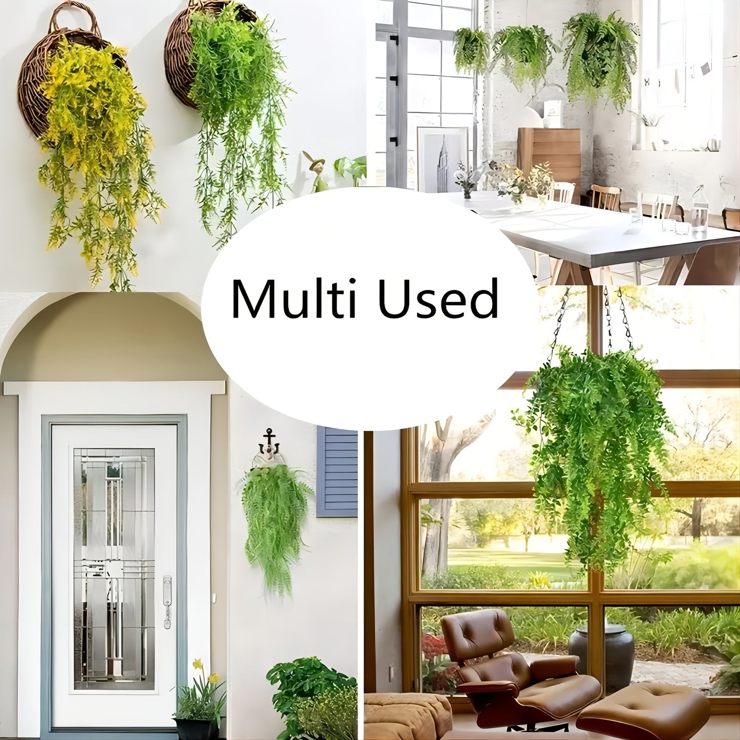 2pcs Premium artificial fern and rattan hanging plants with UV resistant plastic for outdoor and indoor decoration such as weddings, rooms, and gardens.