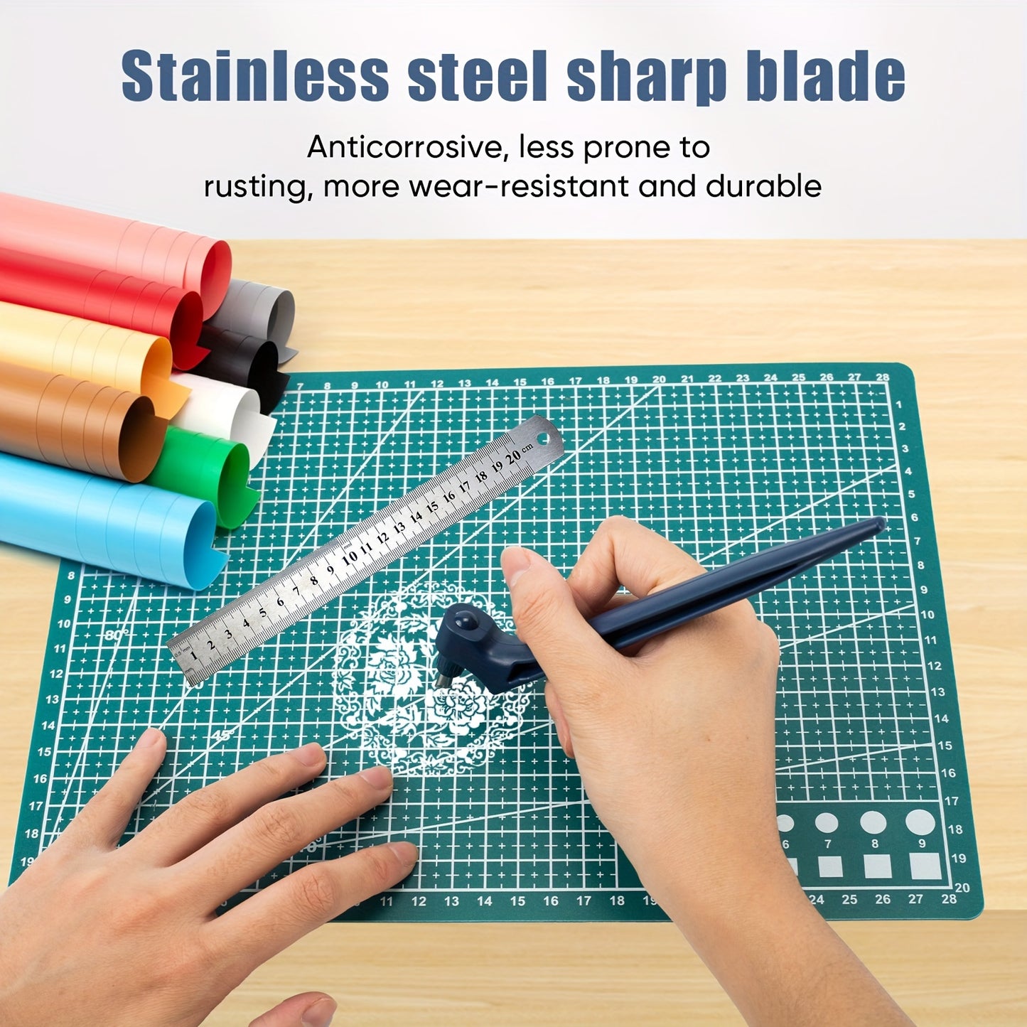 Ergonomic craft cutting tool kit with rotating steel blade and triangle ruler, ideal for precision paper, vinyl, and stencil work. Durable non-extendable ABS handle, suitable for vinyl