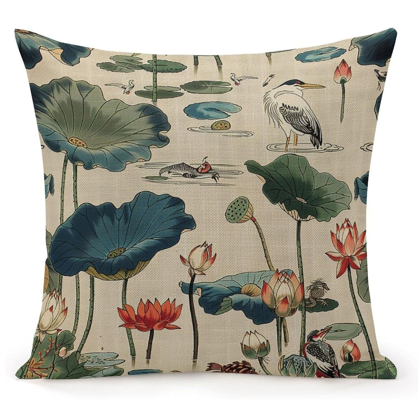 18x18 Chinese Style Linen Throw Pillow Cover featuring Birds and Lotus Print - Machine Washable with Zipper Closure. Single sided design, insert not included.