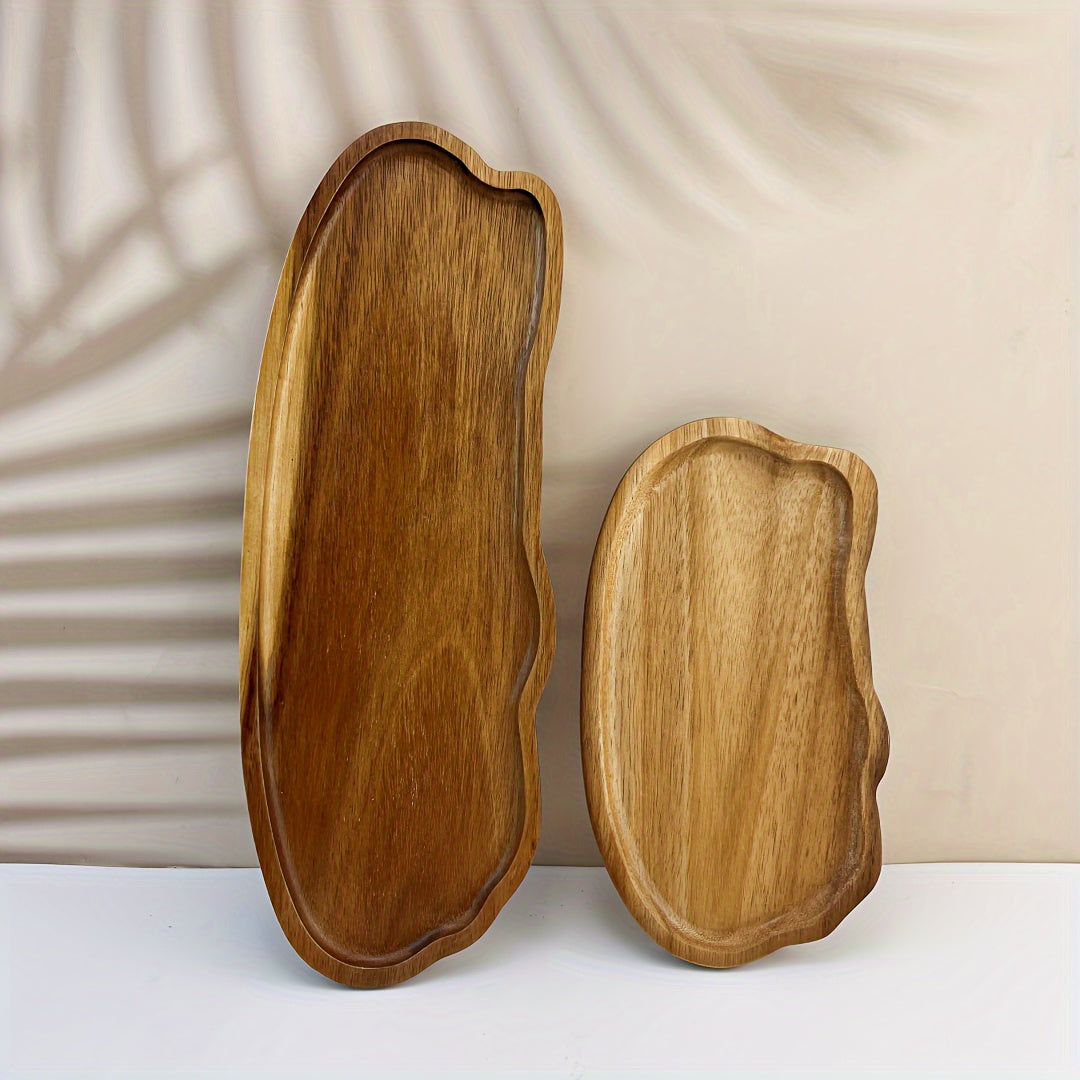 Acacia wood serving tray with smooth polished surface, irregular shape. Ideal for cheese, bread, fruits, and vegetables. Perfect for kitchen, restaurant, café, weddings, and holiday decor. Unique shape and wooden texture.