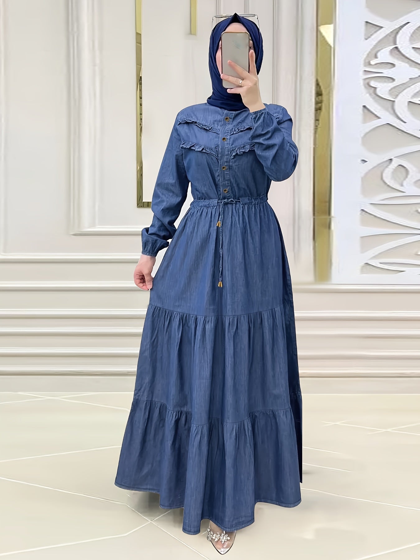 Ramadan Button Front Modest Dress, Women's Elegant Long Sleeve Loose Maxi Dress.